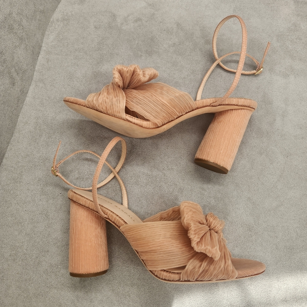 Loeffler Randall Camellia Heeled Sandals 8 Pastel Pink Pleated Knot Bow Luxury - Picture 2 of 16
